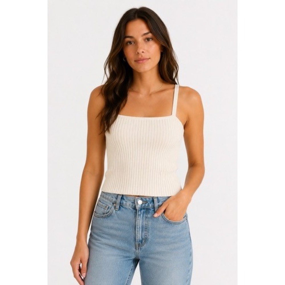 Zara Womens Small Cream Ribbed Knit Camisole Square Neck Sleeveless Tank Top